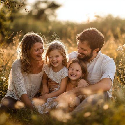 Išskirtinė šeimos fotosesija gamtoje, gražios nuotraukos, kuriose tėtis, mama ir dvi dukros užfiksuoti ypatingose akimirkose